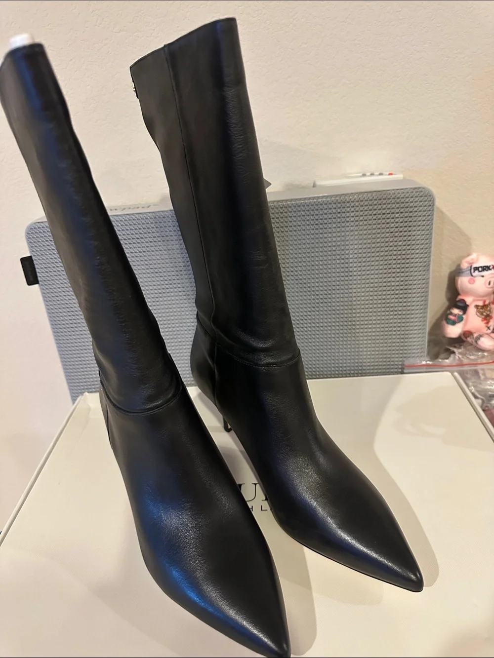 Lauren Ralph Lauren Black Pointed-Toe Leather Mid-Calf Boots - Picture 1 of 3